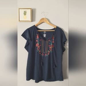 St Johns bay womens tops blouse Blue Size PXL V Neck Ruffles Sleeves Good Condit